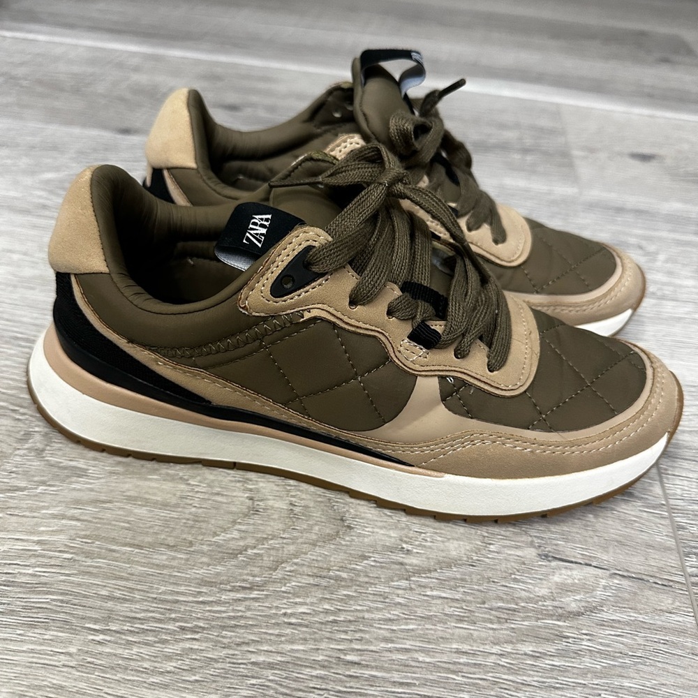 Zara  Olive and Tan Quilted Sneakers